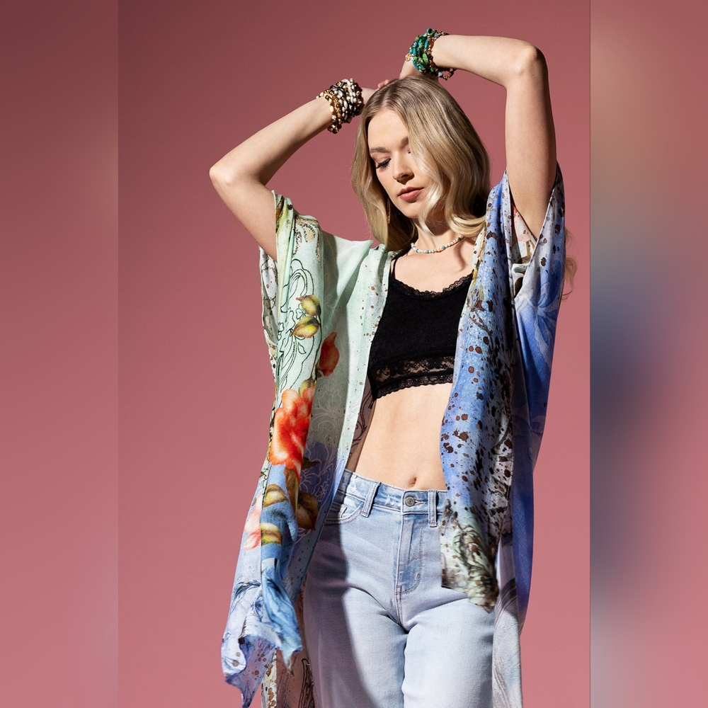 Floral Print Lightweight Kimono - Watercolor Effect Background - Soft & Silky - Picture 6 of 8